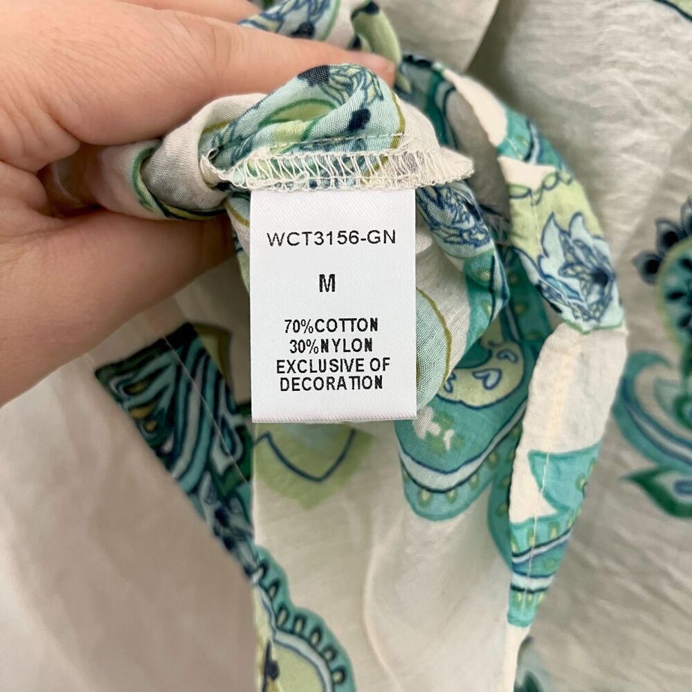 NWT THML short-sleeve top green blue paisley pattern denim-style V-neck collar M - Picture 5 of 8